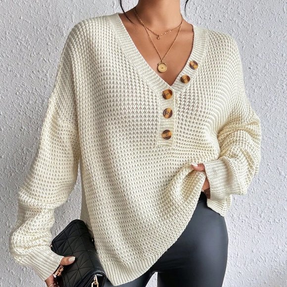 . Sweaters - Apricot Casual Womens Half Button Drop Shoulder Waffle Knit Sweater